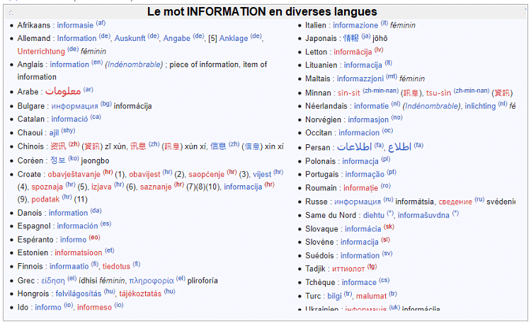 Le mot INFORMATION en diverses langues