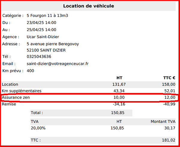Location véhicule UCAR avec assurance ZEN 1