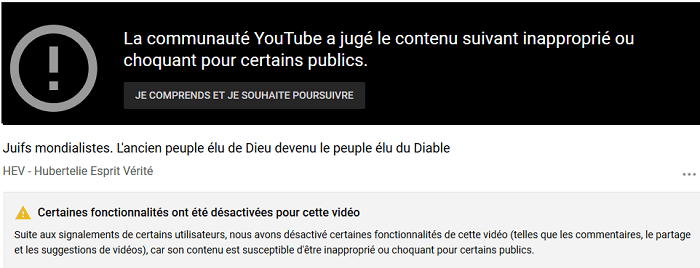 Message Youtube de restriction de vidéo